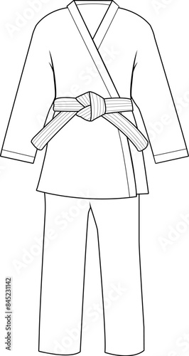 Martial arts uniform. Karate, Taekwondo, judo, jujitsu, kickboxing, or kung fu exercise outfit suit. Vector black and white coloring page.