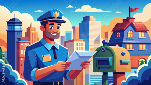 Cheerful Mailman Delivering Letters in Sunny Suburban Neighborhood