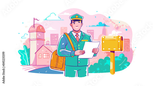 Cheerful Mail Carrier Delivering Letters in a Sunny Suburban Setting