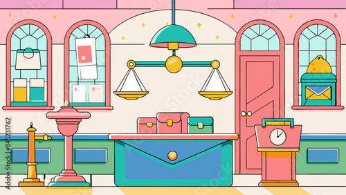 Colorful Vintage Law Office Interior Illustration with Retro Accessories