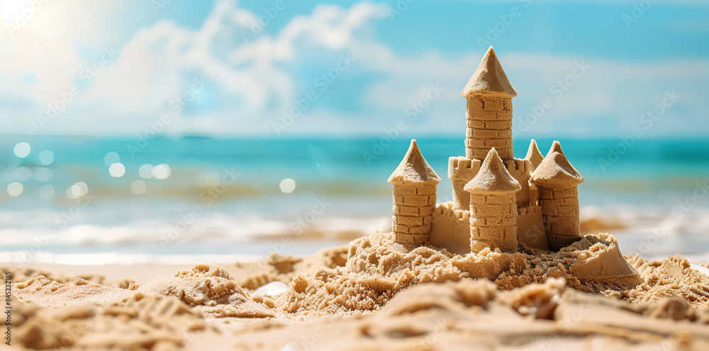sand castle on the beach with blue sky and ocean background. summer vacation concept sand castle on the beach with blue sky and ocean background. summer vacation concept