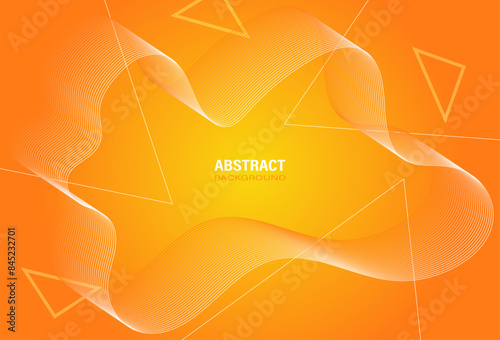 The abstract background of the white wave line and curve has soft movement, and the design elements are decorated with triangle lines on a yellow-orange gradient background. Vector illustration.