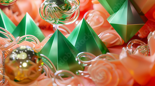 Green pyramids and gold orbs creatively twist over a coral gradient with subtle spirals. photo