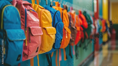 Colorful backpacks hanging on hooks in a school hallway, symbolizing the anticipation of students returning for a new academic year. © Lcs