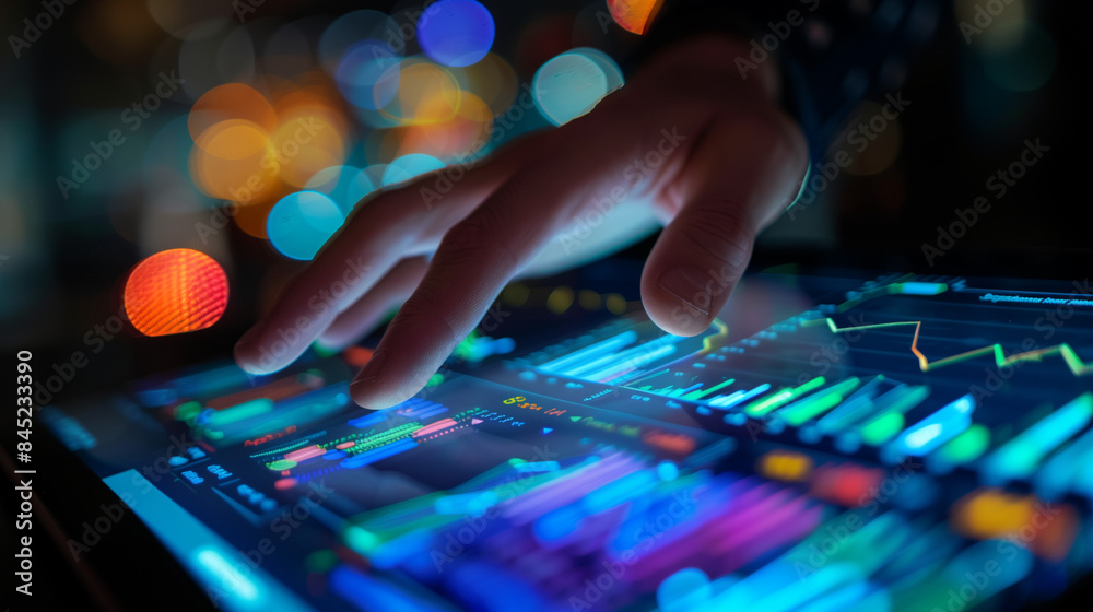 A hand touching a digital screen with stock market data and a candlestick chart. A hand touching a digital screen with stock market data and a candlestick chart.