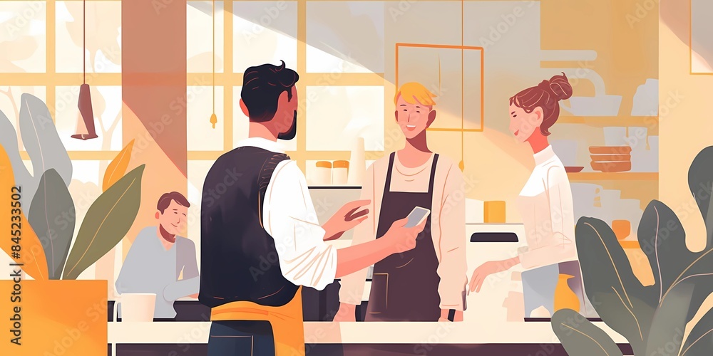 © AliceHere - Modern Café Life Barista and Customers Using Contactless Payments in a Boho Café © AliceHere - Modern Café Life Barista and Customers Using Contactless Payments in a Boho Café