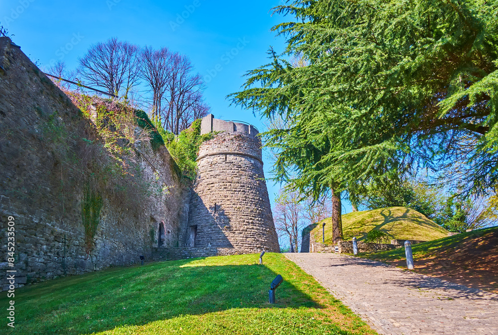 The park at the ramparts of San Vigilio Castle, Bergamo, Italy