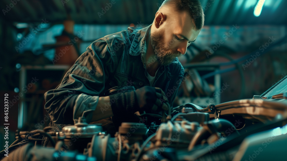 An auto mechanic working on car in mechanics garage. Repair service. Car mechanic working at automotive service center An auto mechanic working on car in mechanics garage. Repair service. Car mechanic working at automotive service center