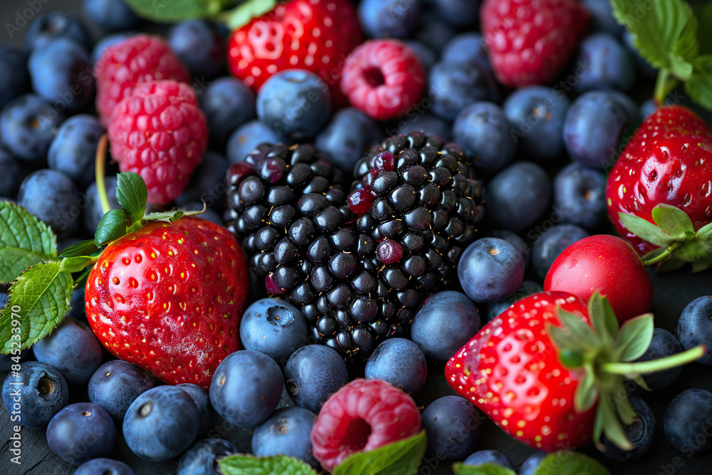 A mixture of blueberries, strawberries, raspberries and blackberries in a heart shape in the middle. Healthy eating concept. Generated by artificial intelligence
