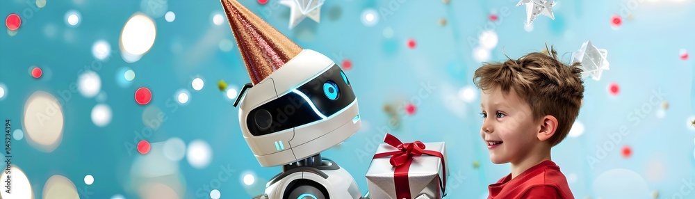 Robot Offering Gift to Smiling Boy at Birthday Robot Offering Gift to Smiling Boy at Birthday