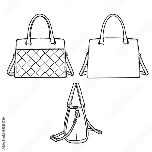 Top handle bag vector illustration flat outline template. Crossbody women's bag. Front, back, and side view. Vector illustration of top handle bag icon line isolated on a white background