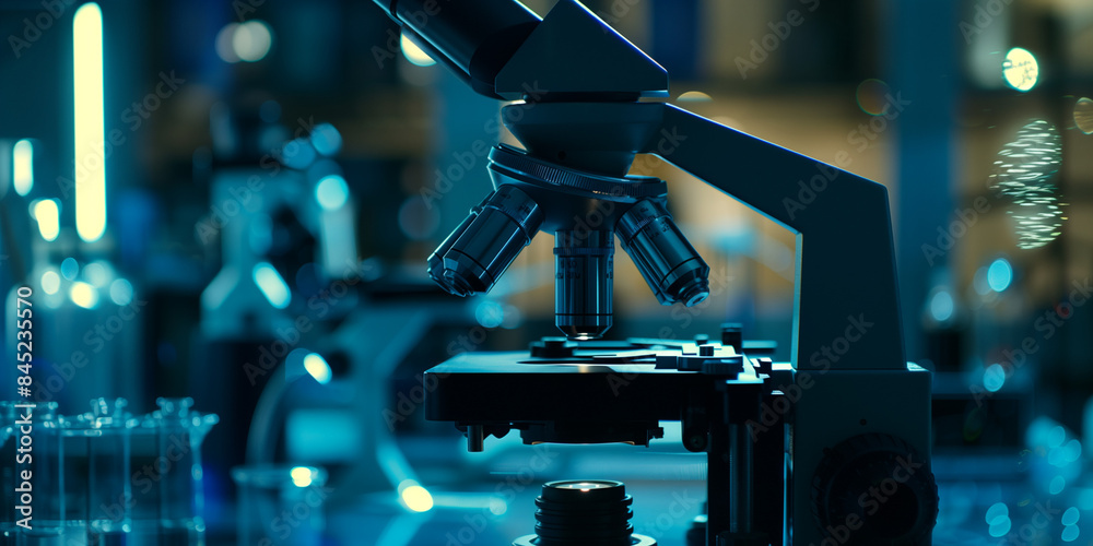 A closeup of microscope set against a bokeh background, highlighting concepts in science and research A closeup of microscope set against a bokeh background, highlighting concepts in science and research
