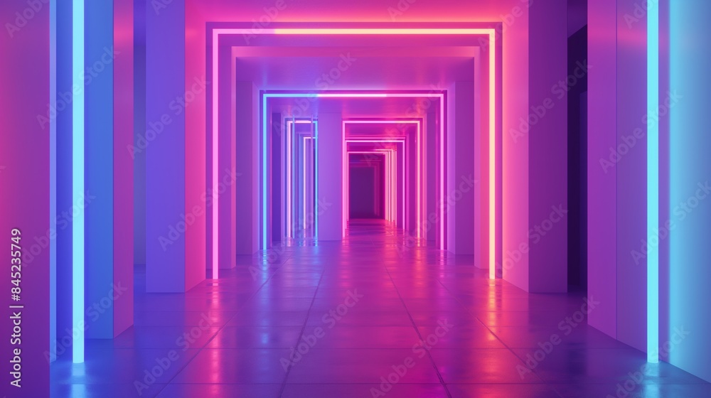 Neon light corridor with pink and blue illumination. Neon light corridor with pink and blue illumination.