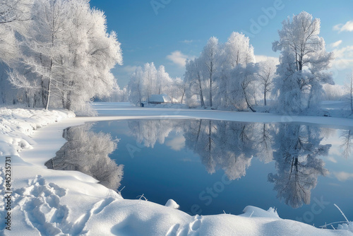 A winter landscape with snow-covered trees and a frozen lake under a clear sky © Venka