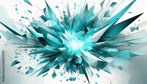 Abstract digital artwork of a crystal explosion with shards in varying shades of teal and white. The central point bursts outward, creating a dynamic and energetic composition. 