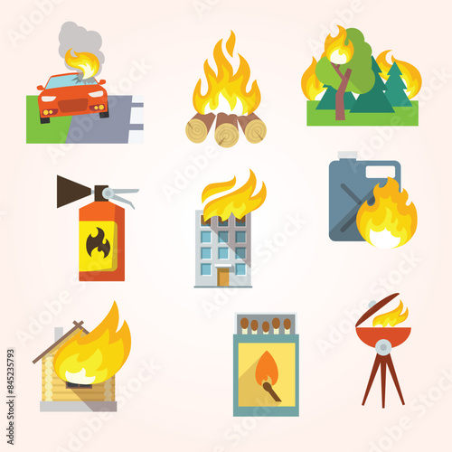 Fire protection icons set of house forest car accidents isolated vector illustration