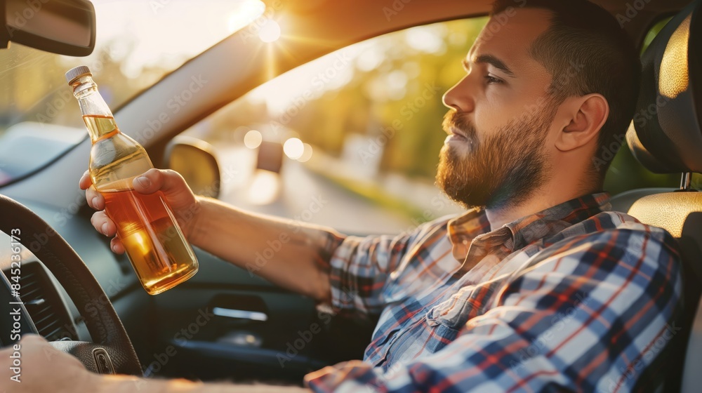 A man is driving a car while holding a bottle of alcohol in his hand. He is looking ahead, but his attention is clearly on the bottle. This is a dangerous and illegal action that can lead to serious