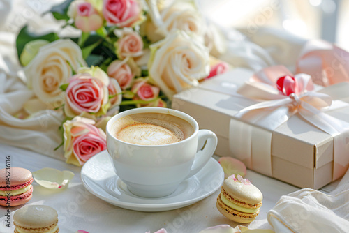 a cup of coffee and a gift box with roses