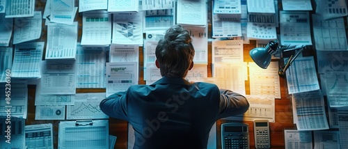 A financial expert studying a maze of spreadsheets and reports, desk lamp illumination, top-down view, detailed documents, professional setting, high clarity