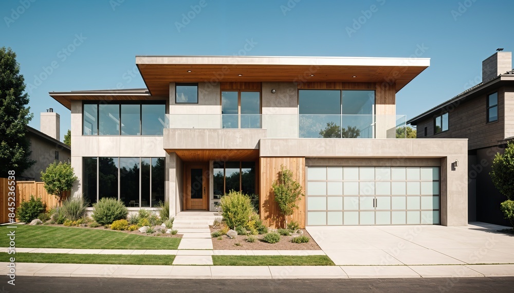 Fototapeta premium Modern Two-Story Home with Large Glass Windows and Landscaped Yard 