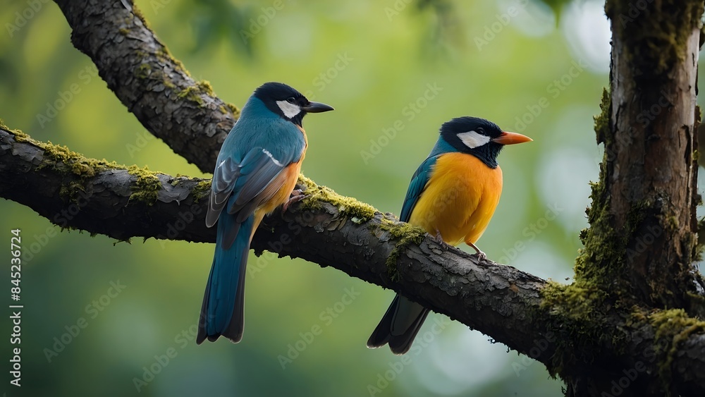 Naklejka premium Two beautiful birds are sitting on a tree branch generated by AI