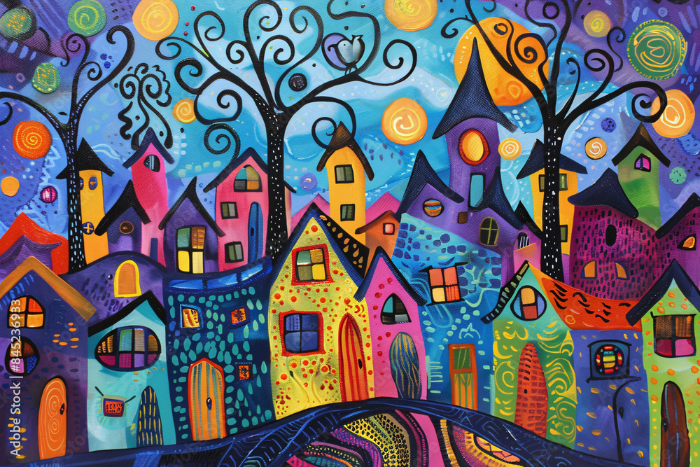 a colorful art of houses and trees