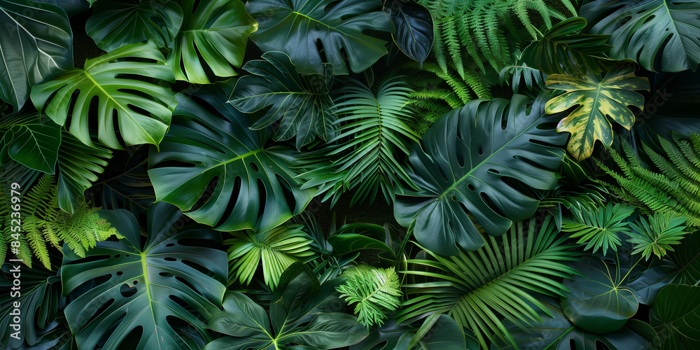Lush green tropical plants bush, monstera, palm, rubber plant, pine and fern Lush green tropical plants bush, monstera, palm, rubber plant, pine and fern