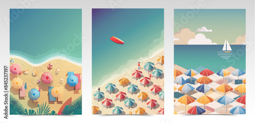 Summer cover set. Sea, beach, umbrellas and sun: vector illustration with simple and colorful shapes.