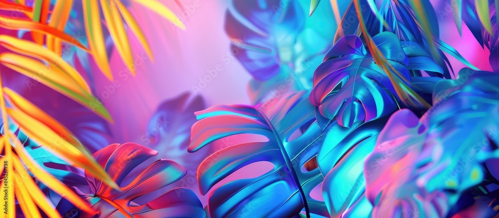 Vibrant bold gradient holographic neon colors depict tropical and palm leaves in an artistic concept. Minimal surrealism in the background. Vibrant bold gradient holographic neon colors depict tropical and palm leaves in an artistic concept. Minimal surrealism in the background.