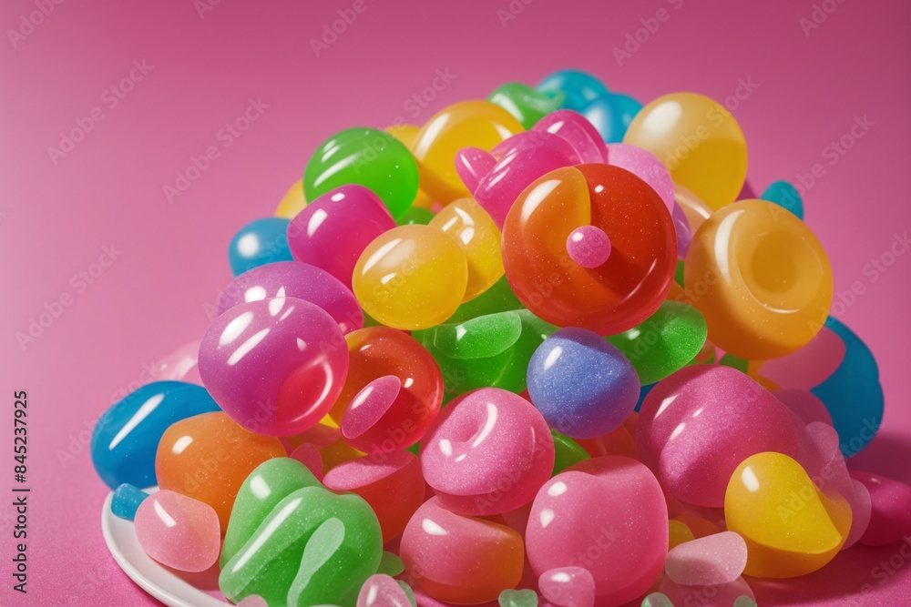 A whimsical candy display with assorted gummies on a magenta backdrop A whimsical candy display with assorted gummies on a magenta backdrop