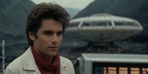 A man in a fashionable white coat with a stylish hairstyle and a sweater against the background of a hotel resembling a flying saucer. Simulates analog film with grain
