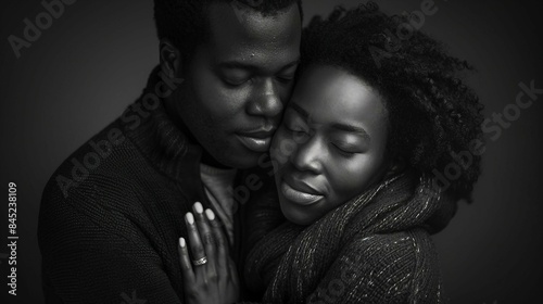 Artistic black and white portrait of a couple embracing. AI generate illustration © PandaStockArt