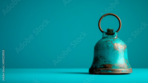 Aged Bell on Blue Background with Copy Space. Timeworn Relic, Historical Artifact, Vintage Charm.