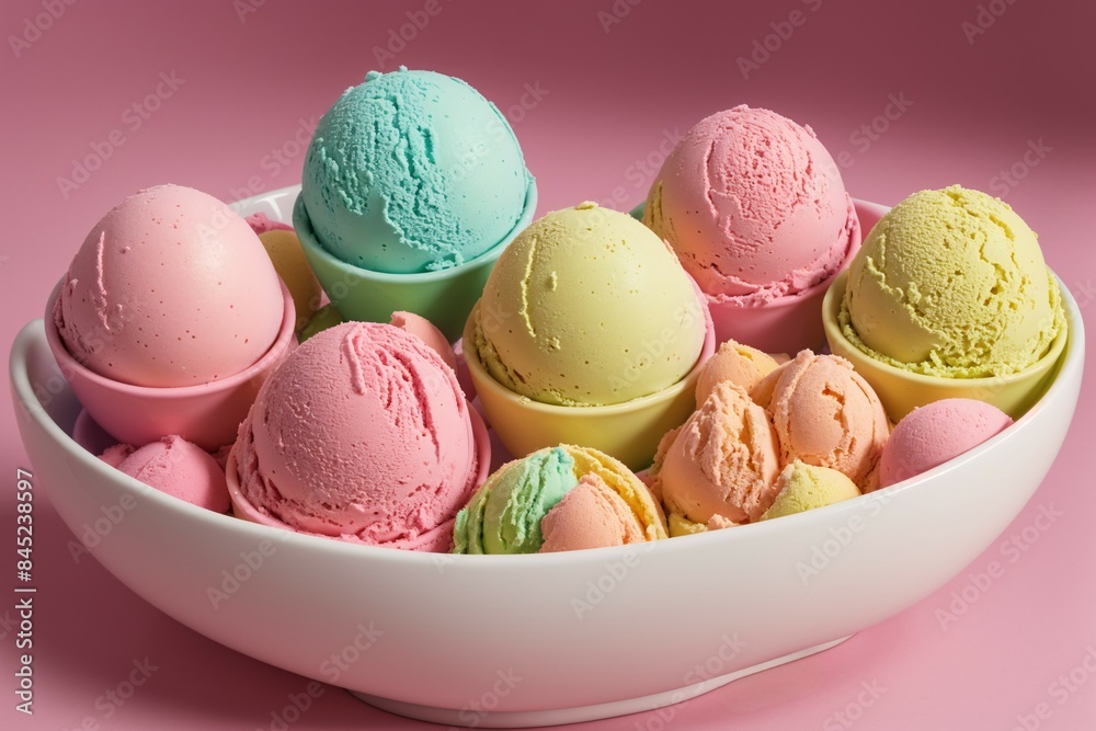 Plate and bowl filled with multi colored Ice cream Plate and bowl filled with multi colored Ice cream