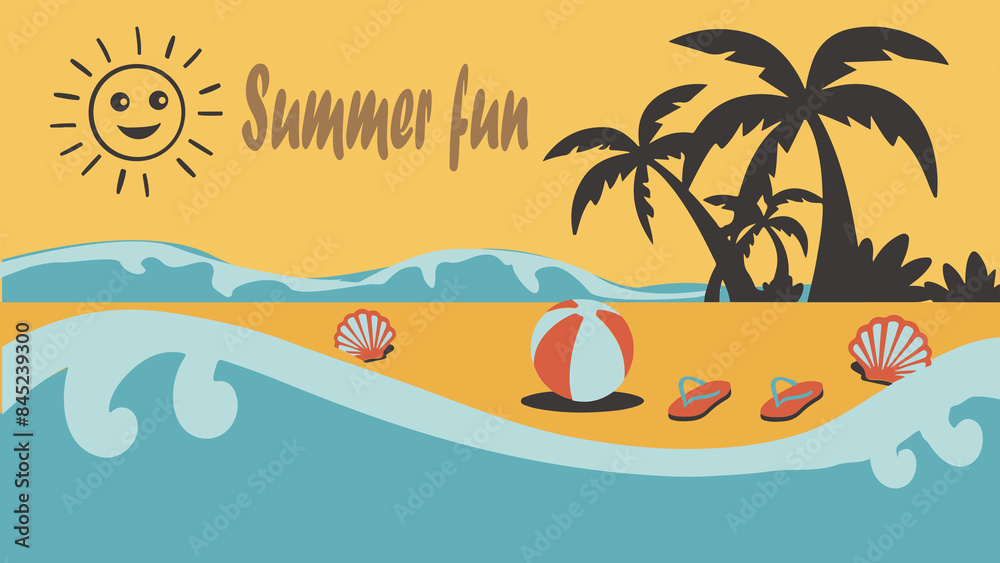 Obraz premium Summer beach background theme: Summer Elements:A simple sun with stylized rays Palm tree silhouettes A few beach elements (e.g., a seashell, flip-flops, or a beach ball) 