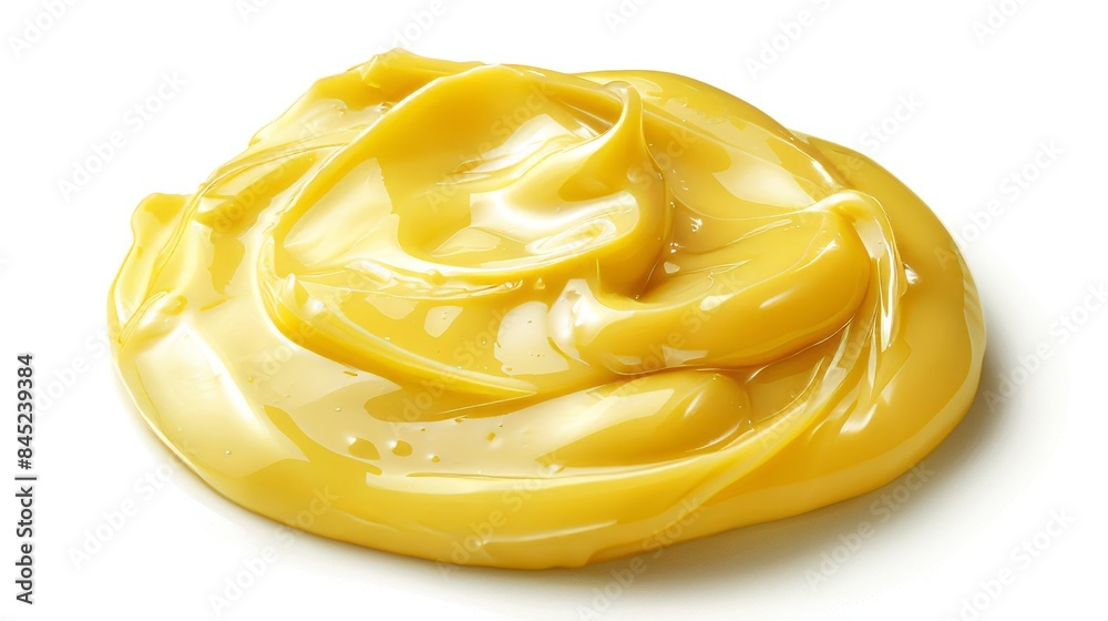 Buttery Hollandaise sauce, a close-up shot showing its rich, creamy consistency, isolated on a plain white background, with precise studio lighting