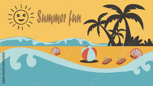 Summer beach background theme: Summer
Elements:

A simple sun with stylized rays
Palm tree silhouettes
A few beach elements (e.g., a seashell, flip-flops, or a beach ball)
