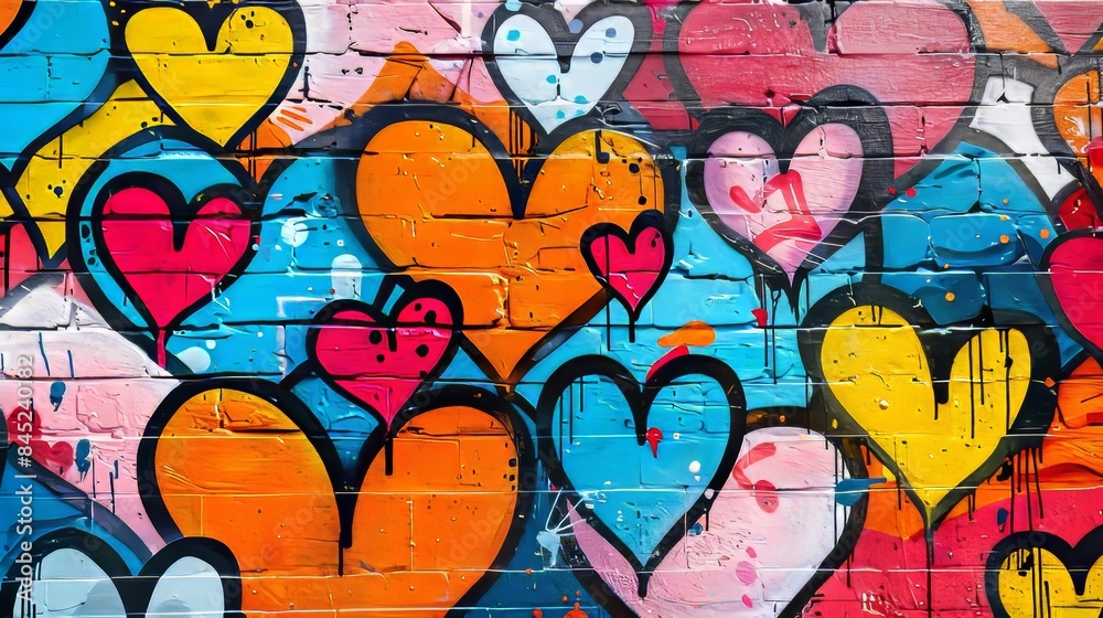 Bold graffiti wall, filled with colorful hearts and abstract shapes, conveying a love-themed artistic expression Bold graffiti wall, filled with colorful hearts and abstract shapes, conveying a love-themed artistic expression