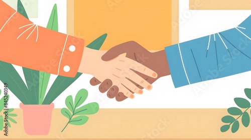 shot two people shaking hand office after a successful job interview, both dressed in formal suits hiring job coorporate geometric illustration style photo