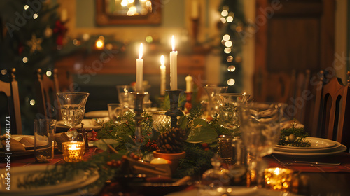 The image shows a cozy, intimate dinner with loved ones amidst festive holiday decorations.