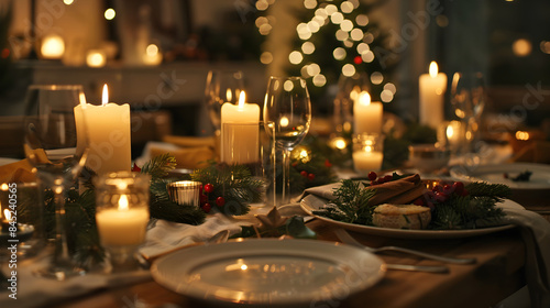 A festive candlelit dinner with loved ones, surrounded by greenery and twinkling lights. © ron