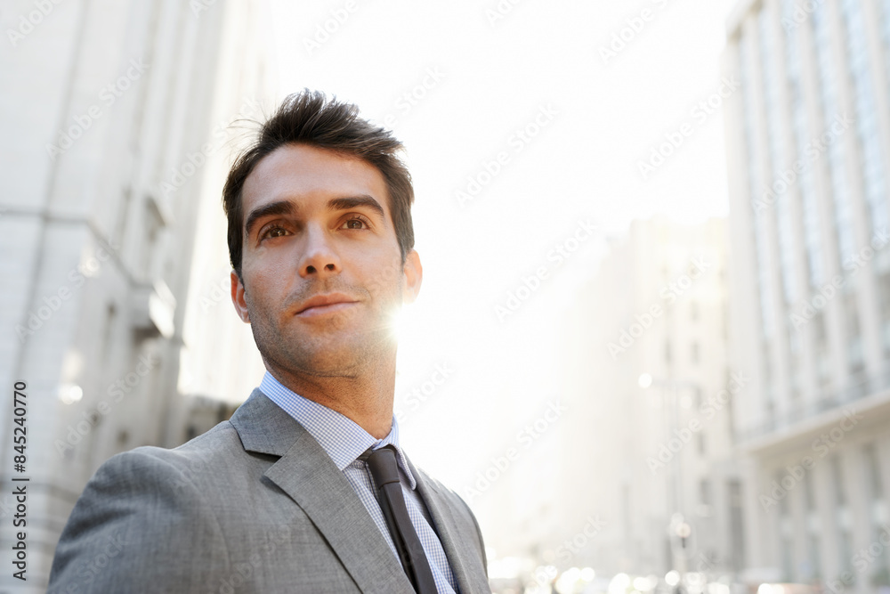 City, confident and businessman while thinking of future, ideas or planning for property development. Professional lawyer, sunlight and vision of urban investment and opportunities in Puerto Rico City, confident and businessman while thinking of future, ideas or planning for property development. Professional lawyer, sunlight and vision of urban investment and opportunities in Puerto Rico