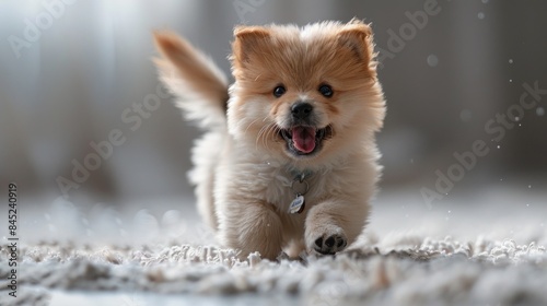 Render a chubby, ecstatic puppy chasing its tail in circles, tongue lolling out in joy. photo