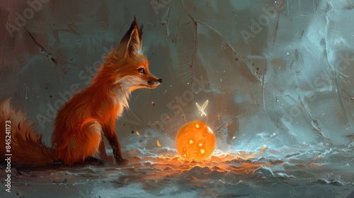 culpt a round, curious fox with a puzzled expression, nose twitching as it investigates a glowing firefly. Background: Minimalistic white gradient. photo