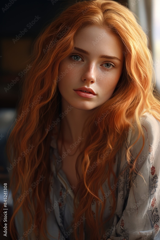 A woman with long red hair is sitting in front of a window A woman with long red hair is sitting in front of a window