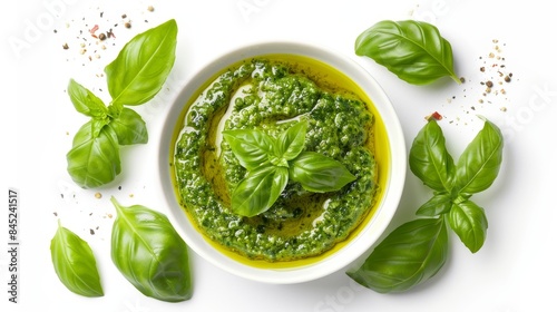A top view of freshly made pesto in a white bowl, with a drizzle of olive oil on top, and basil leaves placed decoratively around, isolated background, studio lighting © Paul