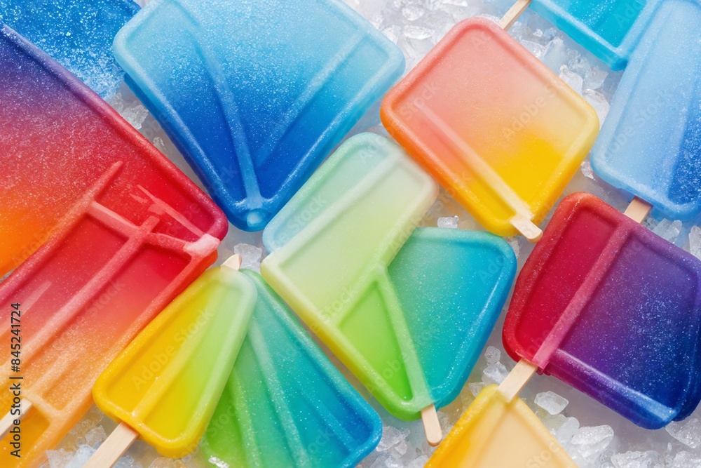 Ombre popsicles fading from red to yellow on a bright blue ice bed Ombre popsicles fading from red to yellow on a bright blue ice bed