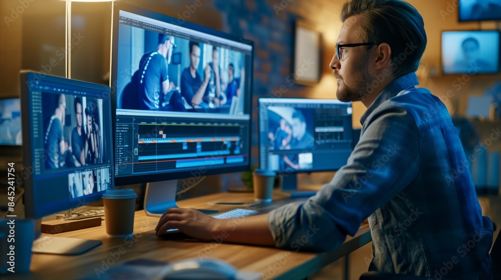 A computer filmmaker sits at a desk in a dimly lit room, editing footage on a large desktop computer. Two computer monitors display footage, while a third monitor shows the editing timeline. The