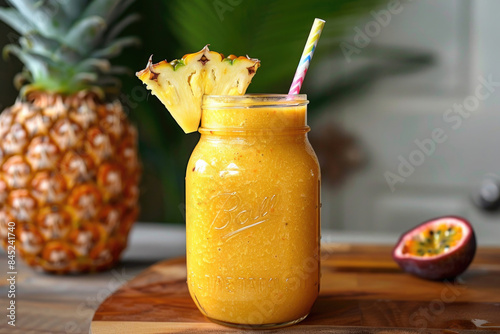 A tropical smoothie in a mason jar with a slice of pineapple and a paper straw