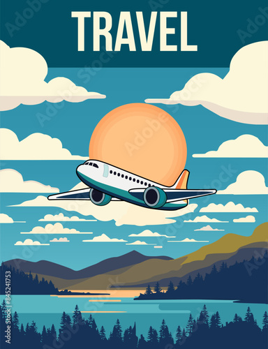 Travel posters with airplane, mountains and clouds. Vector illustration